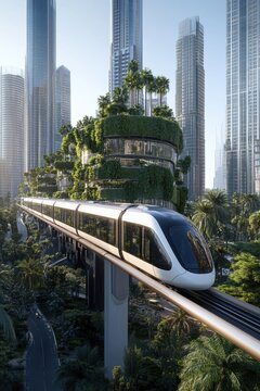 A futuristic utopia features layered streets, green parks atop skyscrapers, hyperloop trains, and self-cleaning systems
