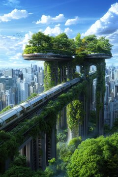 A futuristic utopia features layered streets, green parks atop skyscrapers, hyperloop trains, and self-cleaning systems