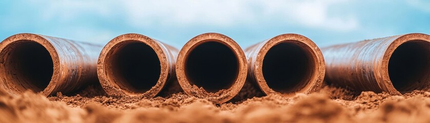 A row of construction pipes on the ground, showcasing industrial materials against a clear blue sky.
