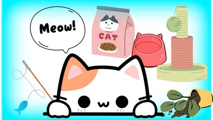 Cute kitten with toys and food