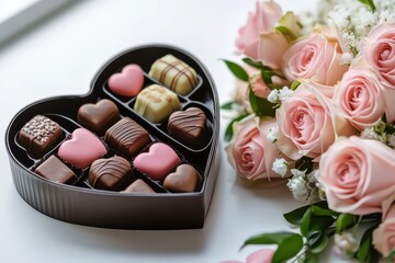 Heart-Shaped Chocolate Box with Pink Roses for Valentines Day