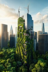 Fototapeta premium A green, eco-friendly city features vertical gardens, wind turbines, and solar-powered buildings