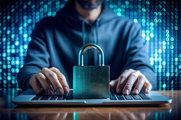 close up of hacker man hand type password to unlock system after hacking with binary code in private dark operating room for digital information and GDPR data leakage concept