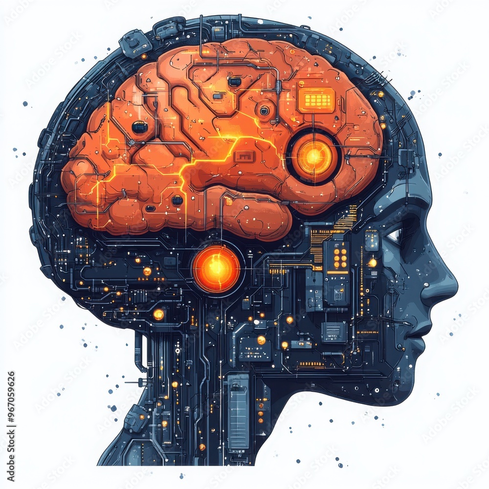 Poster intricate design of a futuristic human brain, highlighting intelligence and technology with a blend 