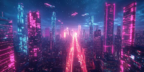 Futuristic Cityscape with Neon Lights and Flying Vehicles