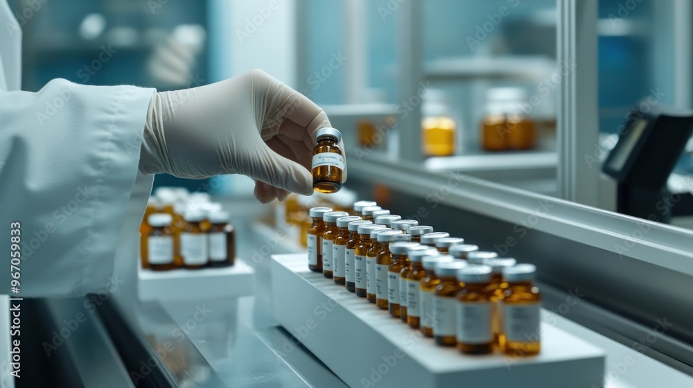Poster gloved hand holding a vial over a row of vials in a laboratory setting