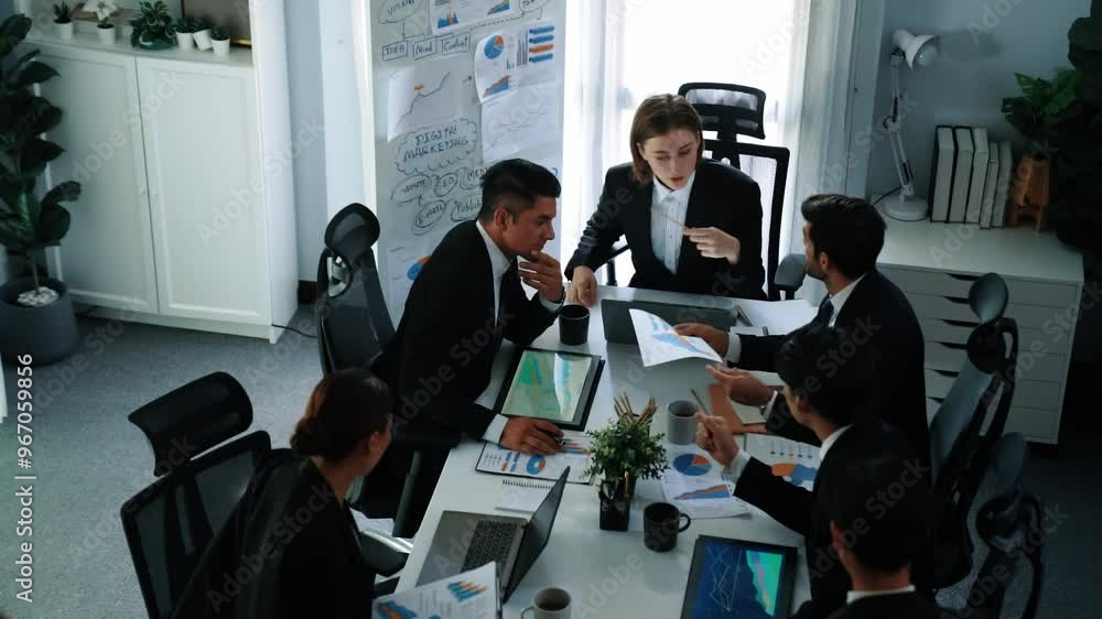 Poster top view of investor handed financial document to manager while explain marketing idea at meeting ta