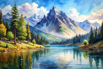 Watercolor painting of mountain landscape with lake and mountains in background, Close-Up