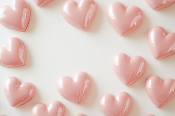 Fototapeta premium Pink Hearts in Frame Arrangement on White Surface for Valentines Day