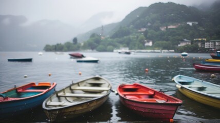 Colorful boats on a misty lake with mountains in background.