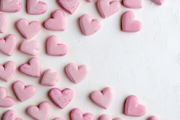 Fototapeta premium Pink Hearts in Frame Arrangement on White Surface for Valentines Day