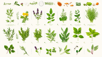 A vibrant collection of various herbs and plants, showcasing their unique shapes and colors. This infographic highlights beauty and diversity of natures bounty