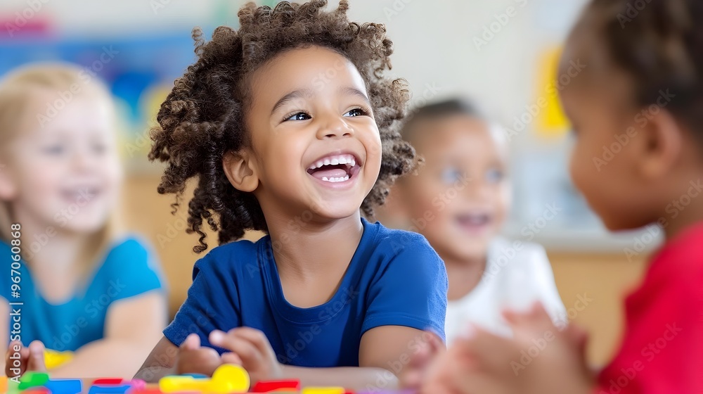 Poster diverse group of children learning alphabet with colorful flashcards in classroom