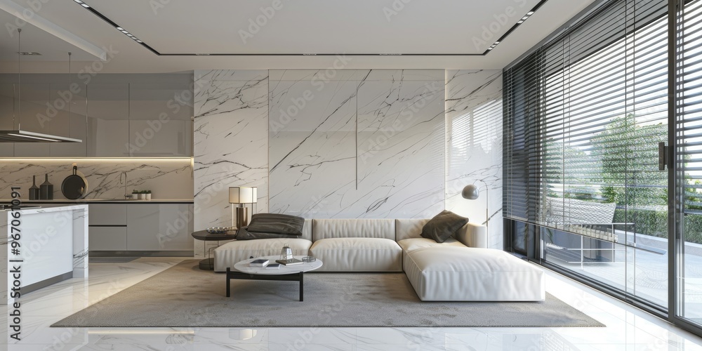 Sticker Stunning studio apartment featuring a marble accent wall large window with blinds and a sleek living room that flows into a white kitchen