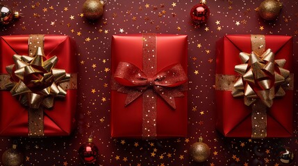 Christmas banner. Realistic gold gift box with red bow, pine branches, golden stars and glitter confetti. Xmas background, cover, poster, greeting cards, headers website.