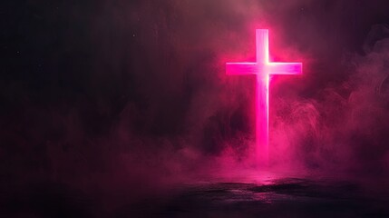 Fototapeta premium Bold Pink Cross Illuminates Dark Space: Perfect Poster for Sports Interiors, Creating a Powerful Visual Presence with Luminescent Halo Effect Against Smoky Backdrop