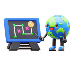 3D Earth character pointing at a strategy board, ideal for business strategies and financial planning concepts