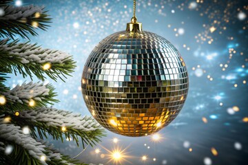 Fototapeta premium Festive y2k-inspired christmas disco ball against a snowy background
