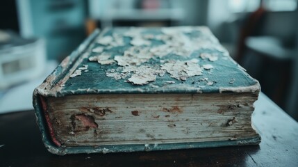 Close-Up of a Single Worn Antique Book with a Weathered Teal Cover and Peeling Edges, Representing Nostalgia, Timeless Knowledge, and Vintage Charm in a Cozy Interior Setting