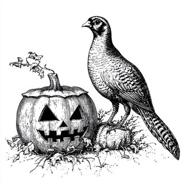 recommend clip art: Black and white Vintage engraved art of a pheasant perched beside a Jack o' lantern, isolated on white background, ink sketch illustration, simple vector art design, highly detailed line art,