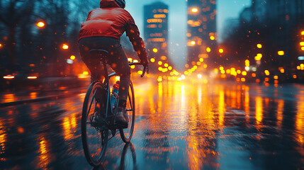 A biker rides through a rainy city at night, showcasing vibrant lights reflecting on the wet streets, creating a moody atmosphere.