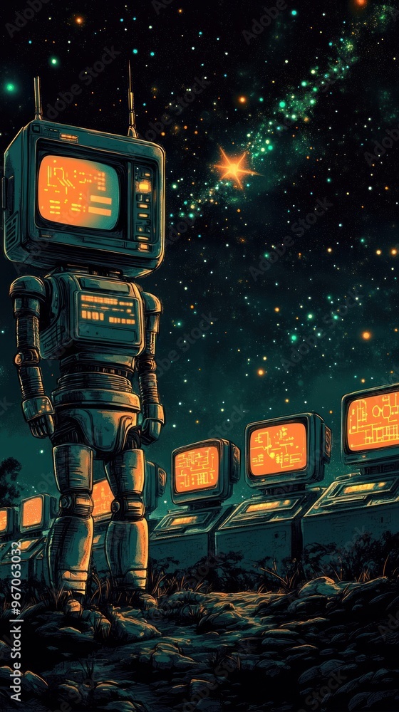 Poster retro robot gazing at the stars above a row of old computers