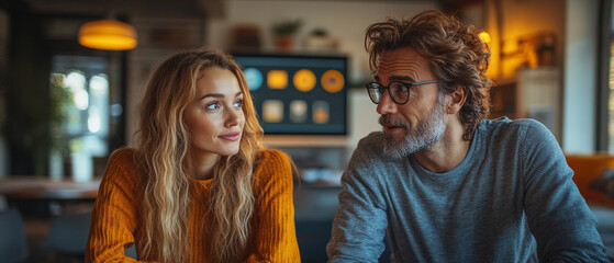 A candid conversation between two individuals in a cozy cafe. Warm lighting enhances the friendly atmosphere and connection.