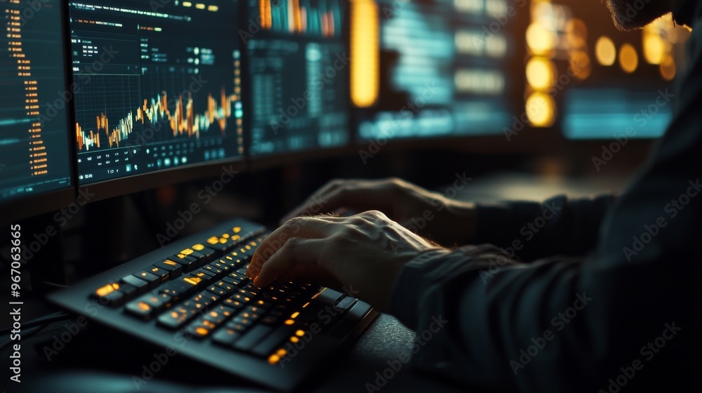 Wall mural a person works intently on a keyboard while analyzing complex data displayed on multiple screens in 