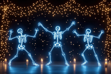 Skeleton Party: Three glowing skeletons dance under a sparkling sky of lights, celebrating the spooky spirit of Halloween with a vibrant and unique twist.  