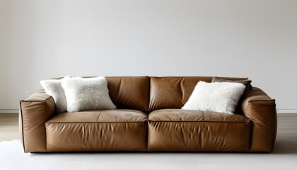 Stylish modern leather sofa with sleek lines and plush cushions showcased against a minimalist white backdrop