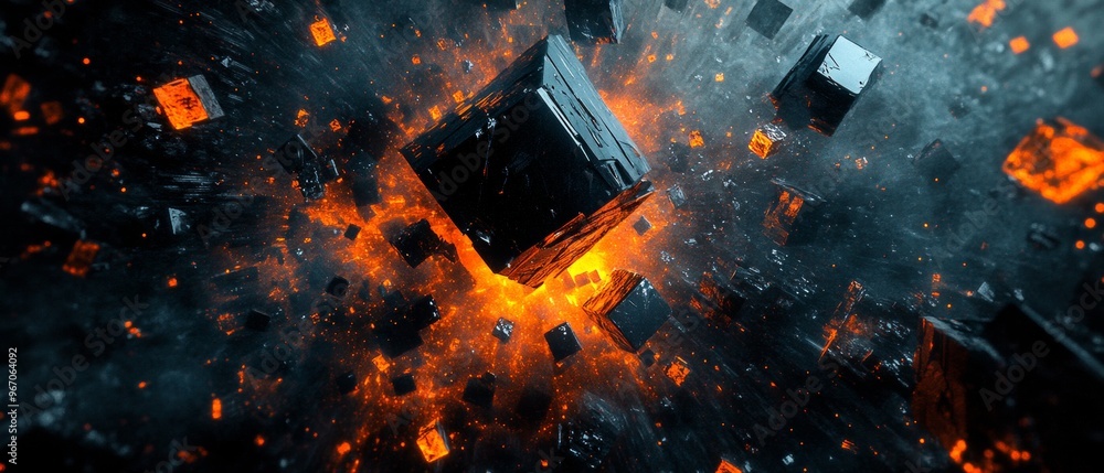 Aufkleber a computer generated image of a space filled with black and orange cubes