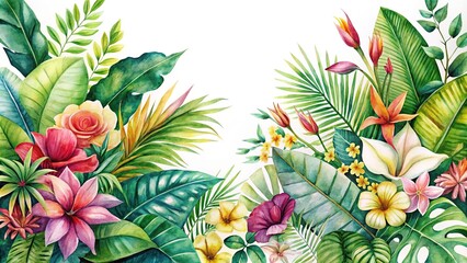 Watercolor tropical plants and flowers on white background