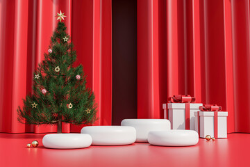 white podium and green christmas tree with gift box on red background, christmas sale concept, 3d render