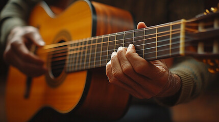 Obraz premium A close-up of hands skillfully playing a guitar, capturing the essence of music and artistry in a warm, inviting atmosphere.
