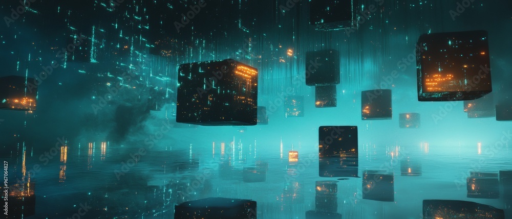 Poster a computer generated image of a cityscape with many cubes floating in the water