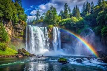 Waterfall and trees with rainbow in background