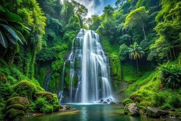 Obraz premium Waterfall cascading through lush tropical jungle landscape with forced perspective