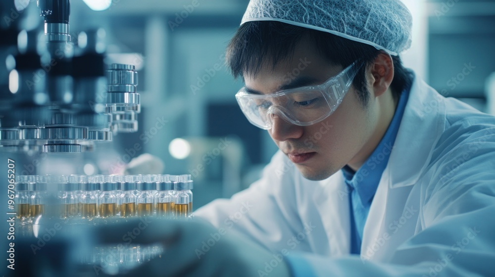 Poster scientist working with liquid-filled vials in a sterile laboratory setting