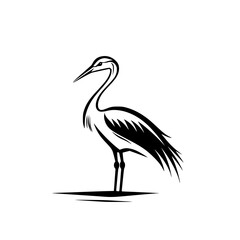 Fototapeta premium Minimalist heron bird silhouette illustration, A black-and-white minimalist illustration of a heron standing gracefully, showcasing elegance and nature in a simple, clean design. 