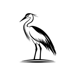 Minimalist heron bird silhouette illustration, A black-and-white minimalist illustration of a heron standing gracefully, showcasing elegance and nature in a simple, clean design.
