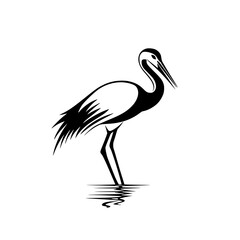Minimalist heron bird silhouette illustration, A black-and-white minimalist illustration of a heron standing gracefully, showcasing elegance and nature in a simple, clean design.
