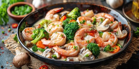 Creamy shrimp dish with mushrooms broccoli and mixed vegetables Nourishing meal