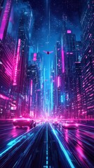 Neon-Lit Cityscape with Flying Vehicles and Speeding Cars