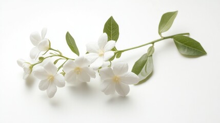 Obraz premium White Flowers and Green Leaves on a White Background