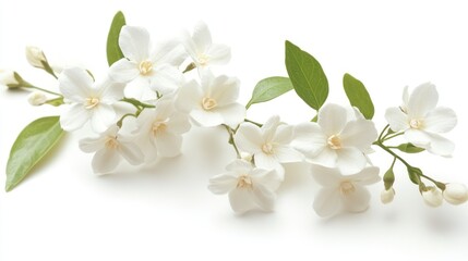 Fototapeta premium White Flowers and Green Leaves on a White Background