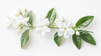 Fototapeta premium White Flowers with Green Leaves on a White Background