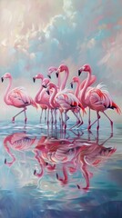 A flock of pink flamingos stand in a shallow body of water, their reflections mirrored in the calm surface.  The sky above is a soft pastel pink and blue.