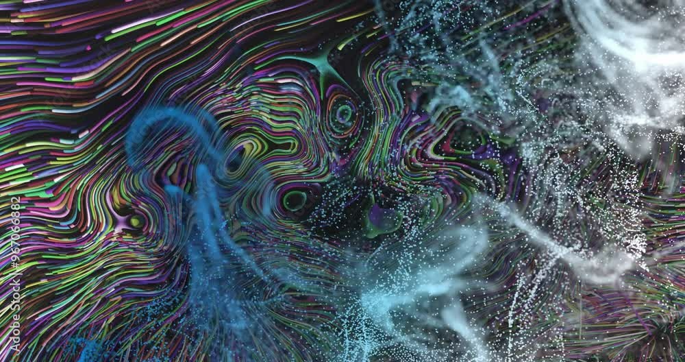 Poster animation of glowing blue mesh moving over waving multi coloured background