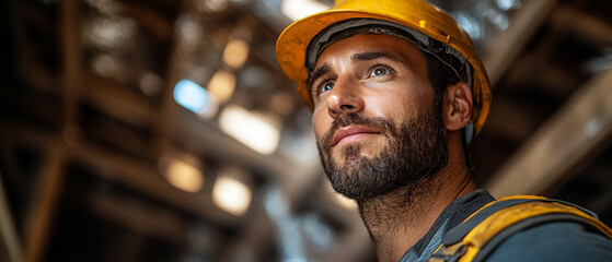 A focused construction worker wearing a yellow hard hat, standing in a partially completed building, showcasing determination and safety.