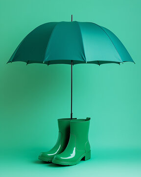 A pair of green rain boots under green umbrella against solid green background. Advertising design poster. Minimal autumn idea